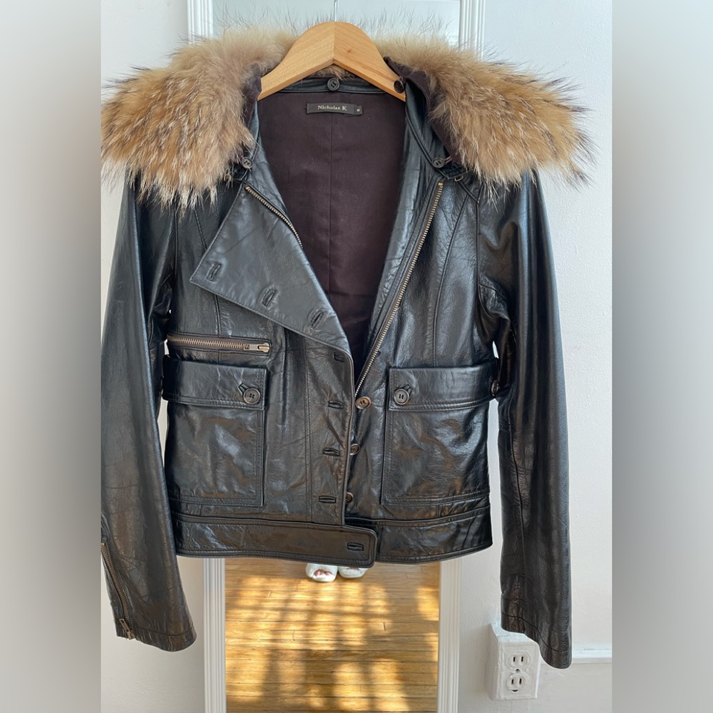 Nicholas K leather jacket w/ detachable fur collar